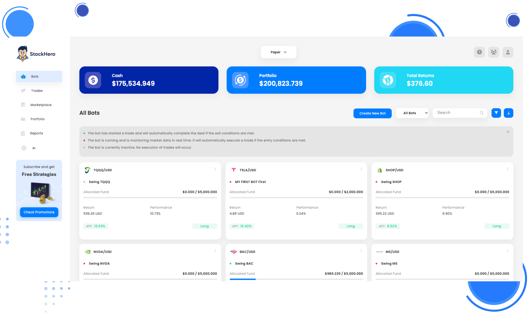 StockHero interface showing stock trading bots in action